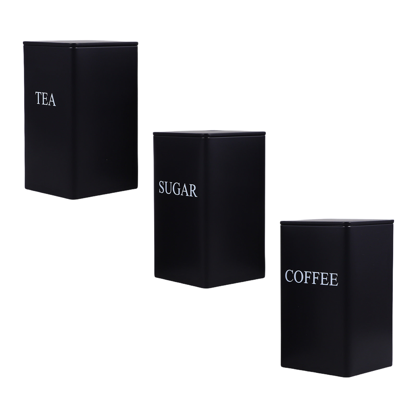 Coffee Tea Sugar - 3-teiliges Küchen-Aufbewahrungsset aus Metall, Schwarz, Quadratisch,